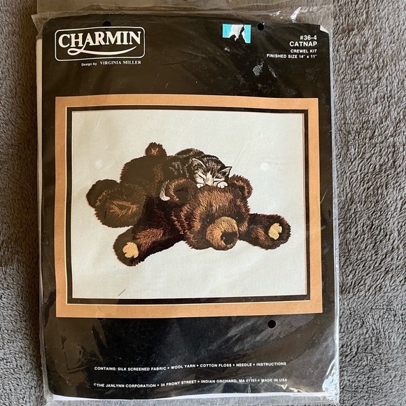 New Charmin Catnap Crewel Embroidery Kit Vintage New In Pkg Cat Bear - Picture 2 of 4